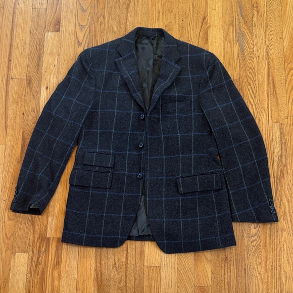 David Chu Men's Navy Blue Grey Checkered Blazer